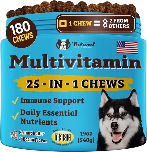 [BRSROBD5BAGRAETH] Naturlig hundeselskap 25-i-1 Multivitamin Chews for hunder – 180 Count Value Pack – Daglig myk hundevitaminer med antioksidanter, sink & folsyre – støtter ledd, hud og koke, immun og hjerte helse