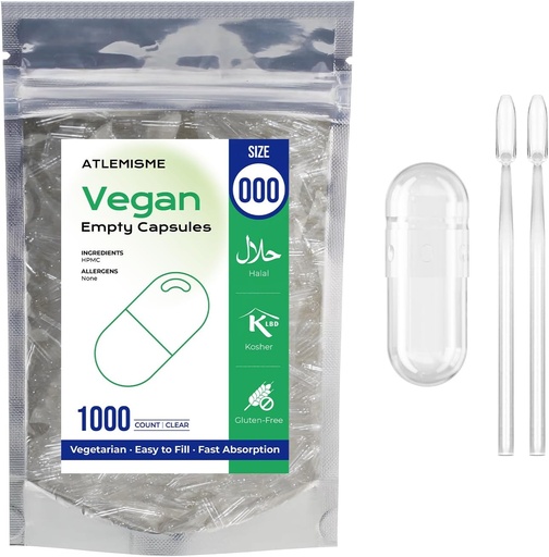 [BRSRAZL3AECGCC3L] Tomme Veganske Kapsler størrelse 000 - Veganske Kapsler Tomme (1000 Greve) Tomme Kapsler selv Vegetabilsk Kapsel Fyldning - Veggie Kapsler Tomme Kapsler med 2 Micro Lab skeer til Kapsel Fyldning