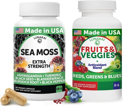 [BRSRAGAPBMHA22A4] Lunakai États-Unis Superfood Fruits & Veggies Supplément & Irish Sea Moss Bundle avec 4 Mélanges, Huile de Graine Noire & Ashwagandha pour Immune & Wellness Support