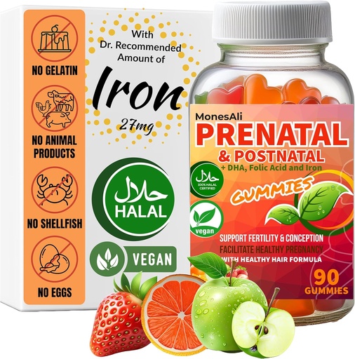 [BRSRMBA5AABROGTU] Prenatal bitamina Gummies for Women | & Postnatal | Vegan, Halal, Gelatin Free | Folate, Iron & Biotin | Haurdunaldia, Postpartum Energia eta Ile Osasuna