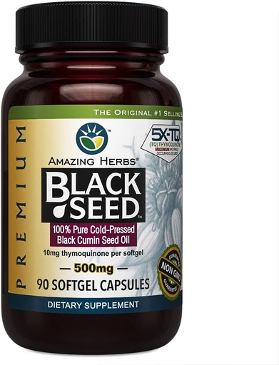[BRSWI2QZOMMBSHLK] Amazing Herbs Premium Black Seed Oil Capsule - Nigella Sativa Cold Presed SIDA în Digestive Health, Immune Support, Brain Function, Gluten Free, Non OMG - 90 Conte, 500mg
