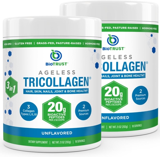 [BRSROBQYAAJQA3DZ] BioTrust Tri Collagen Powder - 3-in-1 Hydrolyzed Collagen Peptides Powder (Types I, II, & III) - Grass Fed Collagen Protein Powder for Anti Aging, Skin, Hair, Bone & Joint Health - Unflavored, 2-Pack