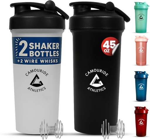 [BRSROH33DEDW2C3K] 2 Pack 45 oz Protein Shaker Bottles with Wire Whisk – BPA-Free, Leak-Proof Shaker Cups for Protein Shakes & Smoothies – Large Plastic Mixer Bottle – Classic White & Midnight Black