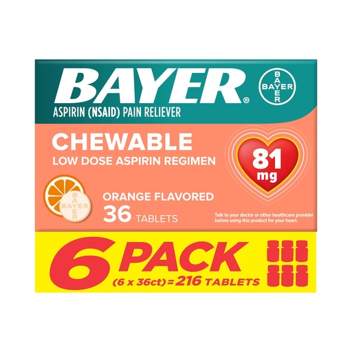 [BRSROGITDIJWOEQ7] Bayer Aspirin Low Dose 81 mg Chewable Tablets, Pain Reliever, Orange Flavored, 216 Tablets (6 Pack)