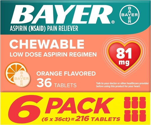 [BRSROGITDIJWOEQ7] Bayer Aspirin Low Dose 81 mg Tablets Chewable, Pain Reliever, Orange Flavored, 216 Tablets (6 Pack)