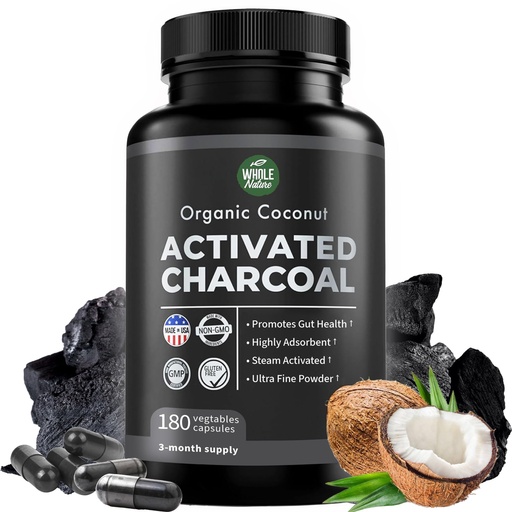 [BRSWGFAYBYHBODYZ] Pure Coconut Activated Charcoal Capsules - 180 Charcoal Pills, Helps with Teeth Whitening, Bloating and Body Cleansing. Non-GMO - Gluten Free, Vegan
