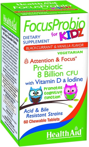 [BRSWGGL3B5YA2HLF] FocusProbio for Kidz, 60 Chewable Tablets, Supports Cognitive Function for attention and Focus. Blackcurrant and Vanilla Flavor, Contains Vitamin D ' Iodine. Acid " Bile Resistant Strains. النباتات