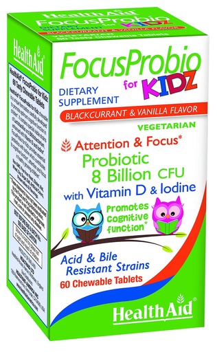[BRSWGGL3B5YA2HLF] HealthAid FocusProbio Kidz – 8 Billion CFU Probiotic for Kids – Supports Brain & Gut Health with Vitamin D & Iodine – Chewable Tablets, Blackcurrant & Vanilla – Acid & Bile Resistant, Vegetarian*
