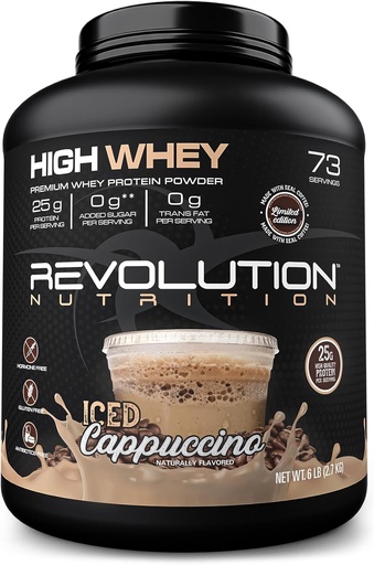 [BRSROCD6BYPRUADD] Revolution Nutrition, High Whey, Protein Powder 6LB, Whey Isolate, Gluten Free, Lean Muscle Mass for Men & Women, 25g of Protein Per Scoop, 2.7kg, 73 Servings (Iced Cappuccino, 6 Pound)
