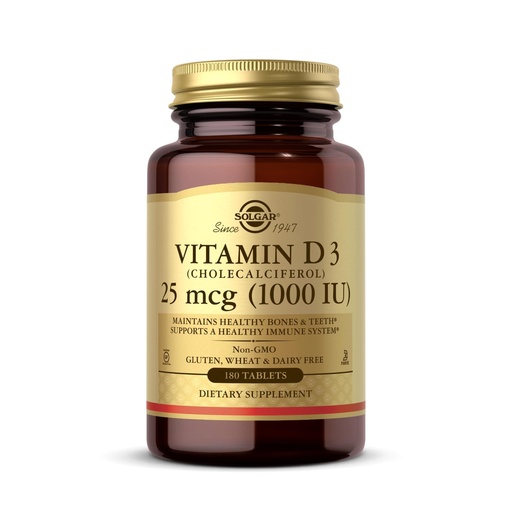 [BRSWIYDRBN6WEDY7] Solgar Vitamin D3 (Cholecalciferol) 25 mcg (1000 IU) – 180 Tablets - Helps Maintain Healthy Bones & Teeth - Immune System Support - Non-GMO, Gluten Free, Dairy Free, Kosher - 180 Servings
