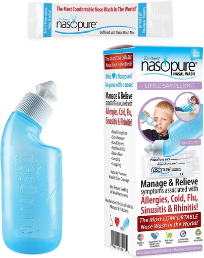 [BRSWKG32C4OQACA5] Nasopure Nasal Wash, Little Sampler Kit, “The Nicer Neti Pot” Sinus Wash Kit, Comfortable Nasal Rinse 4 Oz Bottle & 4 Salt Packets (3.75 Gr Each), Nasal Congestion, Cold, Allergy, Nasal Irrigation