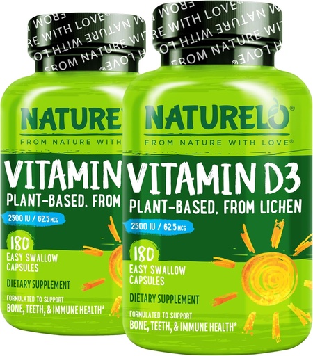 [BRSW2YABOQCGY334] NATURELO Vitamin D - 2500 IU - Plant Based from Lichen - Natural D3 Supplement for Immune System, Bone Support, Joint Health - Vegan - Non-GMO - Gluten Free - 180 Capsules (Pack of 2)