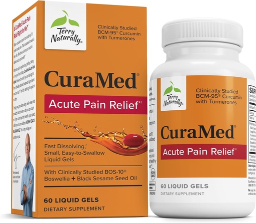 [BRSWYHT5OJ5R6H3H] Terry Naturally CuraMed Acute Pain Relief - Supplement with BCM-95 Curcumin & BOS-10 Boswellia - Black Sesame Seed Oil to Support Relief of Occasional Discomfort - 60 Liquid Gels