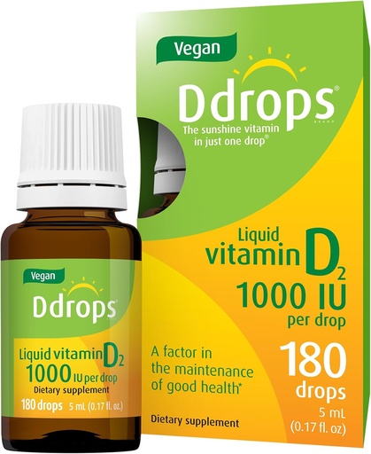[BRSWKZAKAQHGCE3M] Ddrops Vegan 1000 IU 180 Drops - Daily Vitamin D Liquid - Supports Bone Health & Immune System. No Large Capsules, No Preservatives, Non-GMO, Allergy-Friendly