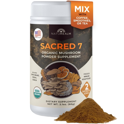 [BRSWGHABBN7BYH3B] Naturealm Sacred 7 Organic Mushroom Powder Supplement | 60-Day Supply | 7-in-1 Blend with Lions Mane, Reishi, Chaga | Brain & Immune Support | 100% Fruiting Bodies for Coffee & Smoothies
