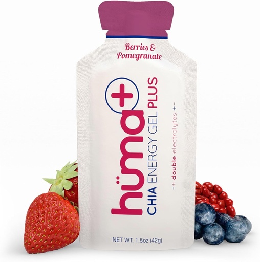 [BRSWKFYCAAGA2AA3] Huma Plus (Double Electrolytes) - Chia Energy Gel, Berries & Pomegranate, 24 Gels - Stomach Friendly, Real Food Energy Gels