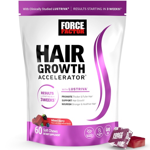 [BRSRAFI3PIBWGFLP] Force Factor Hair Growth Accelerator Soft Chews, Hair Growth Vitamins for Women and Men with Clinically Studied Lustriva and Biotin, Promotes Thicker, Fuller, Stronger Hair, Mixed Berry, 60 Soft Chews