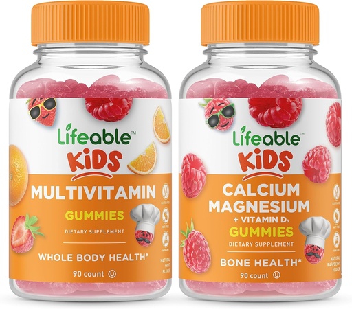 [BRSW2HQTPMAWGCDZ] Lifeable Multivitamin Kids + Calcium Magnesium Kids, Gummies Bundle - Great Tasting, Vitamin Supplement, Gluten Free, GMO Free, Chewable Gummy