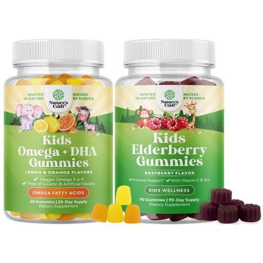 [BRSRMAI3OIMQ2EL4] Bundle of Kids DHA Omega 3 Gummies - Fatty Acids Omega 3 6 9 for Brain Immune Strength & Vision - Nutritional DHA and Sambucus Elderberry Gummies for Kids Health - Zinc & Vitamin C for Immune Support