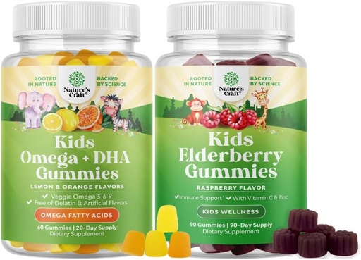 [BRSRMAI3OIMQ2EL4] Bundle of Kids DHA Omega 3 Gummies - Fatty Acids Omega 3 6 9 para Brain Immune Strength & Vision - Nutritional DHA and Sambucus Elderberry Gummies for Kids Health - Zinc &amp; Vitamin C for Immune Support