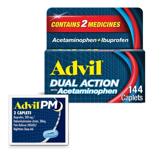 [BRSWYEL7AVYAY23G] Advil Dual Action With Acetaminophen And Ibuprofen (2 Dose Equivalent) For 8 Hour Pain Relief, Coated 144 Ct Caplets And 2 Ct. Sample Of Advil PM