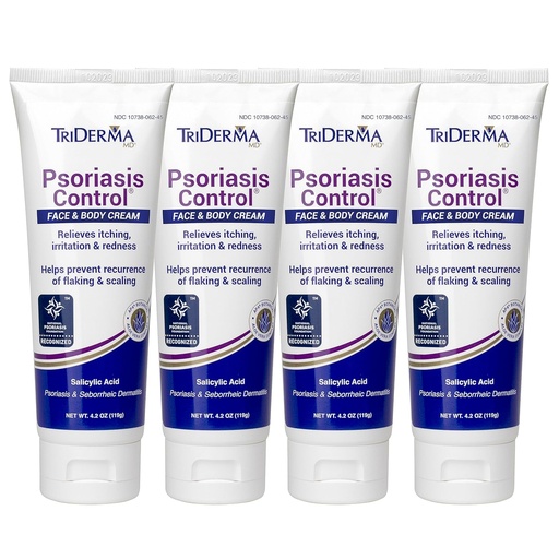 [BRSWGBDYDIHRYF3H] TriDerma Psoriasis Control Face & Body Cream - Maximum Strength 3% Salicylic Acid, AP4 Aloe Vera Gel, Urea Cream - Extra Moisturizing Treatment, No Cortisone or Coal Tar - FSA Eligible - 4.2 oz, 4Pack