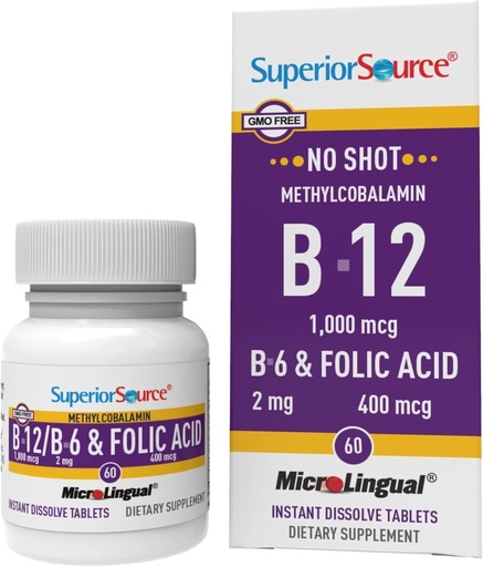 [BRSWIZYZOMOGY3L6] Superior Source No Shot Witamina B- 12 Methylcobalamina 1000 µg, B- 6 & Kwas foliowy 400 µg - Wsparcie zdrowia mózgu i serca - Pomaga Naturalne poziomy energii - 60 Tabletki rozpuszczające w języku podjęzykowym
