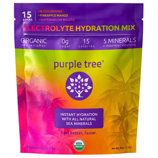 [BRSWGAIQA57RY2YY] purple tree Organic Electrolyte Hydration Packets, Zero Sugar, Sea Salts, Daily IV Hydrate Packs for Rapid Rehydration Relief - Water Drink Mix, Variety Pack, 15 Units