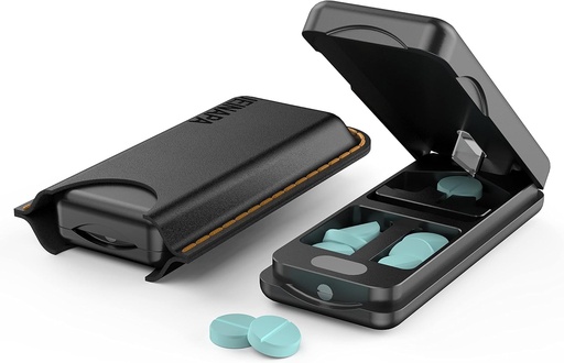 [BRSRMA32CMJQM23L] Pillensnijder met Auto Centering Device, Aluminium Pill Splitter met 316L Roestvrij Blade, Originele Lederen Case, Professionele Pill Splitter voor het snijden van kleine pillen of grote pillen (zwart)