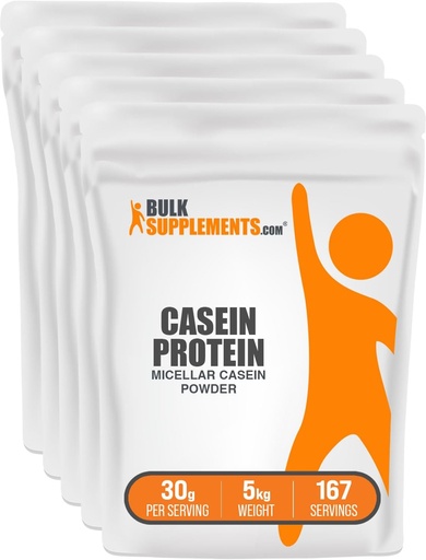 [BRSWKYDRCUMAA3TK] BulkSupplements.com Casein Protein Powder - Micellar Casein Powder, Slow Digesting Protein - Unflavored & Gluten Free, 30g per Servering, 1kg (2,2 lbs) (Pack of 5)