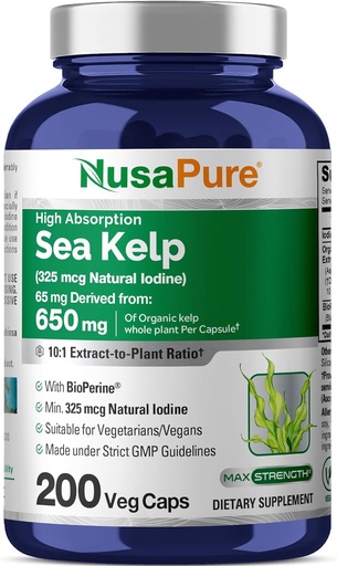 [BRSWGZLQAQAWEYLO] NusaPure Sea Kelp Natural Iodine 325mcg 10:1 Extrakt, 65 mg Equivalent till 650 mg kapsel 200 greve (Non-GMO, Vegan)