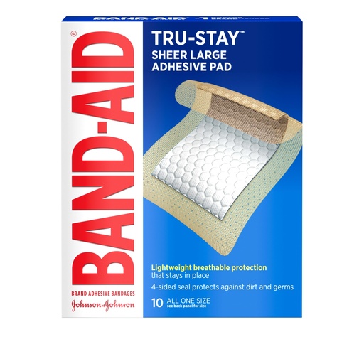 [BRSWIYQOAAMQGYLO] BAND-AID Brand Tru-Stay Sheer Adhesive Pads, Large Size, 10 Count | Lightweight Breathable Protection, Sterile Wound Care for Minor Cuts & Scrapes, First Aid Kit Essential, Dependable Bandages