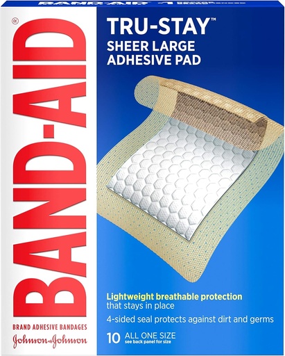 [BRSWIYQOAAMQGYLO] Band-Aid Brand Tru- stay Adhesive Pades, Stile Sheer Bandages for First Aid & Wound Care, Pad Covers and Protects 小剪辑,碎屑和烧伤,轻量级,大尺寸,10个计数