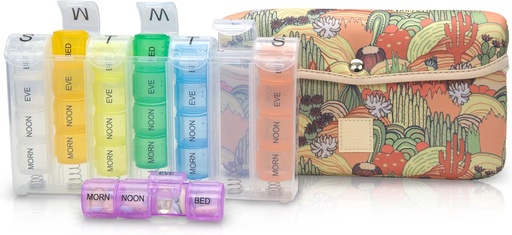 [BRSW2GAFOQBW2HTX] Made Easy Kit Pill Pouzdro Velké 7- Day / 28 Compartments in Neoprene Carrier with Storage Pill Box in Daily in Morn, NOON, EVE, Bed a Weekly Vitamin, Medicine, Capsule Organization (Khaki Desert Cactus)