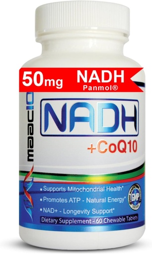 [BRSWKYYEDEDAMETY] MAAC10 NADH + CoQ10 Suplemento Silencio Great Tasting Chewable Tablets ← 50mg PANMOL® NADH + 100mg CoQ10 Silencio for Fatigue, Energy and Mental Focus Silencio NAD+ Suplemento (60 Tablets 2 per Serving)