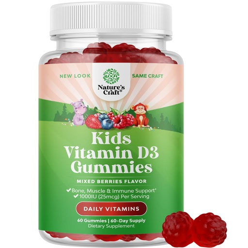 [BRSRMHYLPIFQGDL6] Chewable Vitamin D Gummies for Kids - Delicious Vitamin D 1000 IU Per Serving - Toddlers Immune Support Gummies - Berries Flavored Supplement for Bones Health & Muscles - Gelatin Free - 60 Count