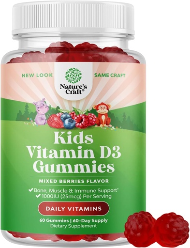 [BRSRMHYLPIFQGDL6] Gummies D Chewable Vitamin untuk Anak-anak - Delicious Vitamin D 1000 IU Per Serving - Toddlers Immune Support Gummies - Berry Flavared Supplemen untuk Bones Health & Muscles - Gelatin Free - 60 Chews