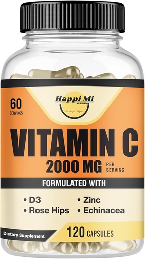[BRSWYGI3AQCRMDY2] Vitamin C 2000MG, Zinc 40 mg, Vitamin D3 5000 IU, Echinacea Extract, Rose Hip, Immune Support for Adults & Kids, Immune Booster,120 Vegan Caps, 60 Day Supply, Non GMO, No Filler