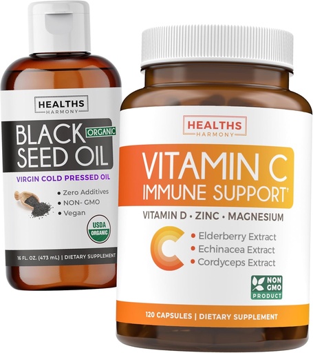 [BRSRAZI7BAPQA3Q7] Black Seed Oil Liquid & Immune Support (2-Month Supply) Immune Maximiser Bundle - Black Seed Oil Liquid (16fl.oz) Premium Cold-Pressed Clack Cumin Seed Oil & Vitamin C Immune Support (120 Veg Caps)