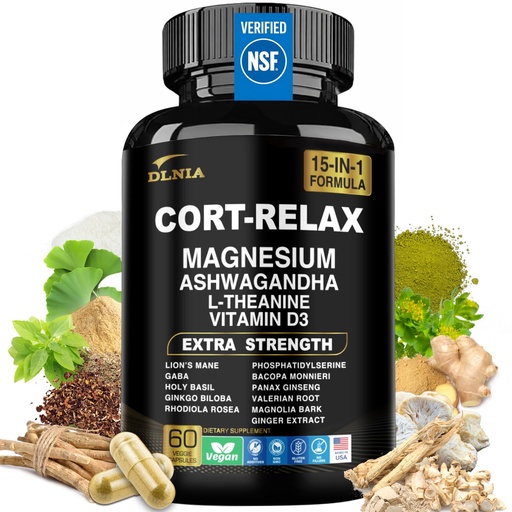 [BRSRAGL4OQIBO2TG] DLNIA Super Calm Cortisol Supplement with Magnesium Glycinate, Ashwagandha KSM-66, L-Theanine, Phosphatidylserine, Ginkgo Biloba & Lions Mane for Calm, Focus, Mental Clarity, Relaxation, Sleep, Energy