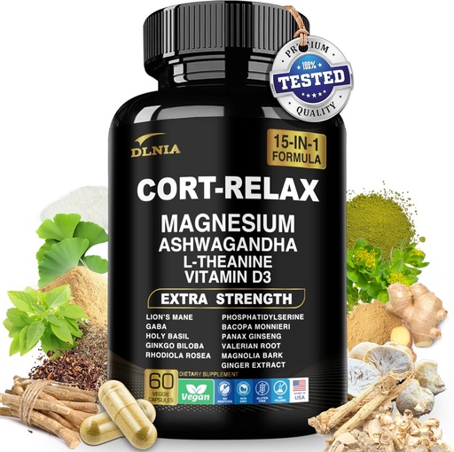[BRSRAGL4OQIBO2TG] Super Calm Cortisol Suplemento com glicinato de magnésio, Ashwagandha KSM-66, L-Theanina, Fosfatidilserina, Ginkgo Biloba & Leões Mane para calma, foco, clareza mental, relaxamento, sono, energia