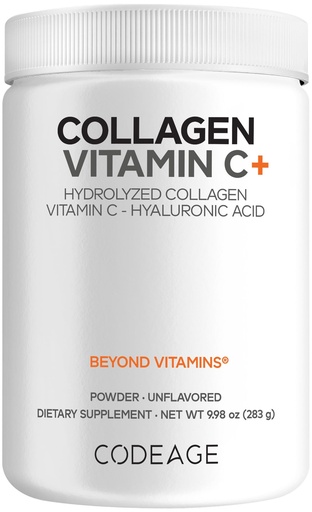[BRSWYZQTOR7AID37] Codeage Collagen Peptides Powder + Vitamin C - 20g Grass-Fed Collagen Per Serving - Digestive Enzymes, Hyaluronic Acid, 18 Amino Acids - Hydrolyzed Collagen Protein - Non-GMO, Unflavored - 9.98 oz