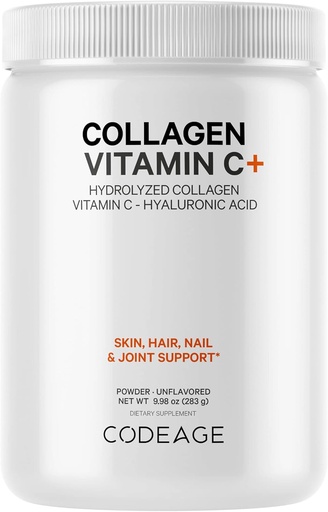 [BRSWYZQTOR7AID37] Collagen Peptides de Codeage Powder + Vitamina C - 20g Colágeno de Grass por Serving - Enzimas digestivas, Ácido hialurónico, 18 Aminoácidos - Proteína de Collagen hidrolizado - No GMO, Desflavorado - 9.98 oz