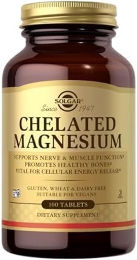 [BRSWIY37BB4Q4CDA] Solgar Chelated Magnesium - 100 Tablets - Supports Nerve & Muscle Function - Non-GMO, Vegan, Gluten Free, Dairy Free, Kosher - 25 Servings
