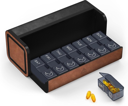 [BRSW2GI3OACWKDIZ] Medicine Pill Organizer, 7 nap PM Pill Box 2 alkalommal egy nap, Travel Leather Pill Case, Pressing The Double Opening, Holds Medication Vitamins Halolaj és kiegészítők (fekete és barna)