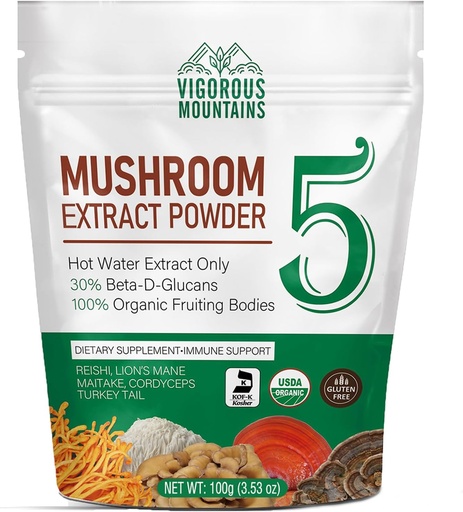 [BRSROFQPAEPQ2235] VIGOROUS MOUNTAINS Organic Mushroom Powder Supplement - USDA Certified, Lions Mane & Reishi for Immune Support, Brain Focus, Vegan, Mixes Instantly in Coffee & Smoothies (100g)