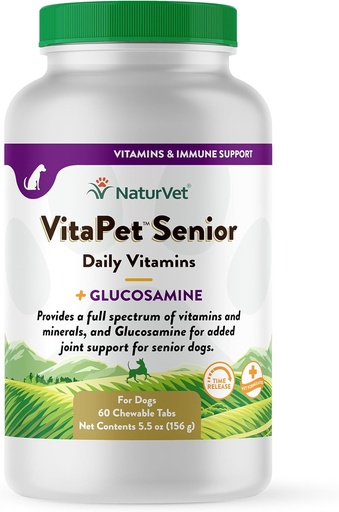[BRSWIYQZOR6BS3A3] NaturVet –VitaPet Senior Daily Vitamins for Senior Dogs – Plus Glucosamine – Full Spectrum of Vitamins & Minerals – Enhanced with Glucosamine for Added Joint Support – 60 Time Release Tablets