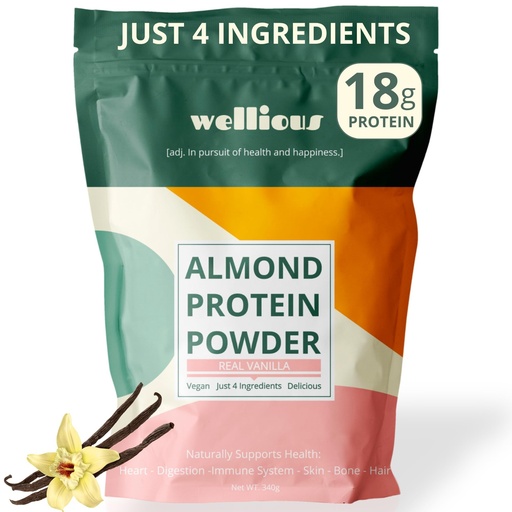 [BRSW2GQFO4FBYCYU] wellious Almond Protein Powder (Vanilla) - 18 Grams of Pure Healthiest Vegan Protein for Women & Men - Perfect Soy-Free & Smooth Gut Friendly Protein Powder for Sports Nutrition