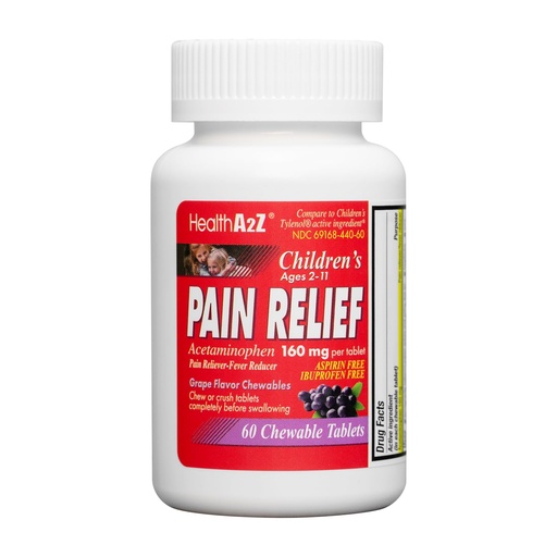 [BRSRMBAKBYJRE33U] HealthA2Z® Children's Pain Relief, Acetaminophen 160mg, Grape Flavor Chewable Tablets, Aspirin Free, Ibuprofen Free, 60 Counts