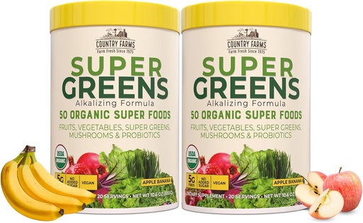 [BRSROFT2OIGQG3L4] Country Farms Super Greens Apple Banana Powder Smoothie, Organic Super Foods, USDA Organic Drink Mix, Obst, Gemüse, Pilze, Superfood Ernährung, 40 Servierungen, 2 Pack